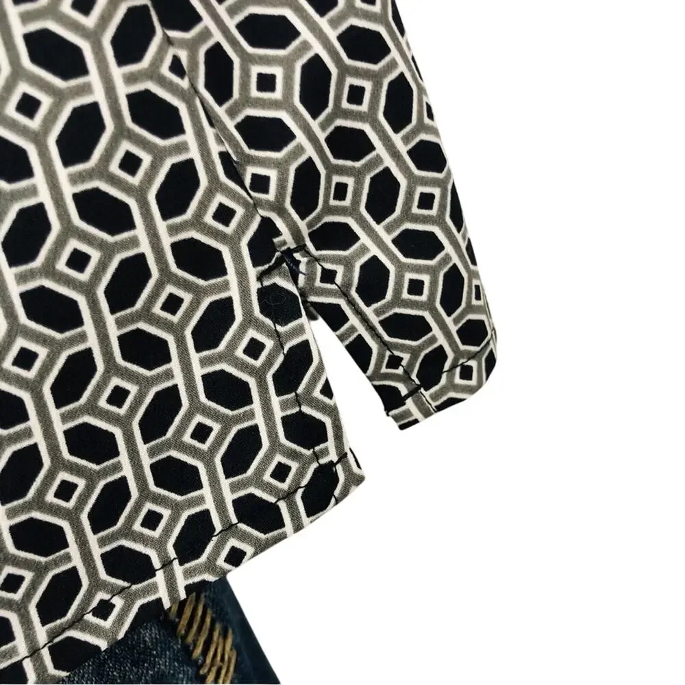 Banana Republic Black Gray Geometric Trellis Print Popover Top Split Scoop Neck